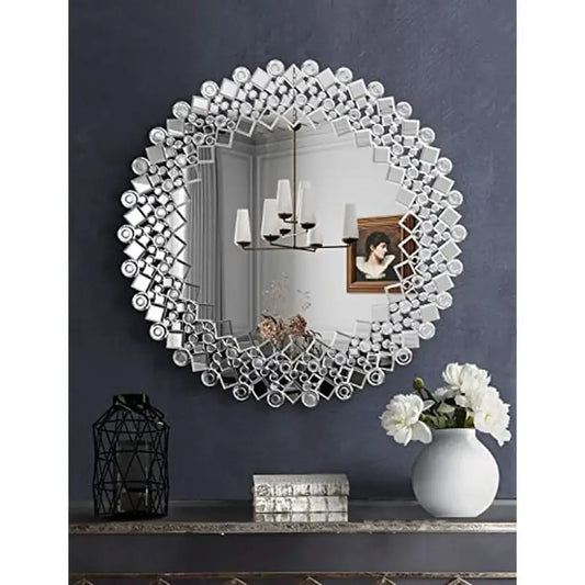 Luxury Round Decorative Wall Mirror Bedroom Livingroom Hallway Gorgeous Mosaic Design HD Silver Mirror Easy to Mount 31.5'' x