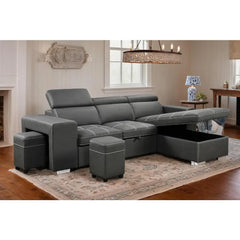 Microfiber Sectional Sleeper Sofa with Pull-Out Bed Chaise & Storage 5 Seater L-Shaped Couch with Adjustable Headrest and Stools