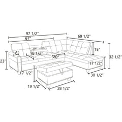 Sectional Sofa with Ottoman Nail-Head Design Linen Right Facing Modern Couches with Cup Holder L Shaped Sectional Sofa