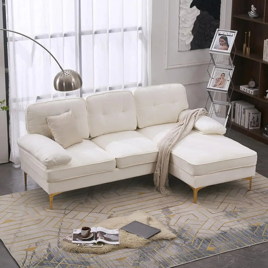 L-Shape Sofa Couch 3-Seat Couch with Chaise ChenilleFabric Upholstered for Living Room, Apartment, Office, Creamy-White