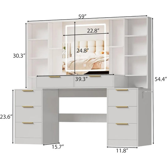 Large Makeup Vanity Desk with Lighted Mirror & Power Outlet,Vanity Desk Dresser Table with 3 Lighting Modes Brightness