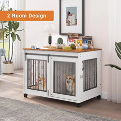 Dog Crate, End Table with Wheels and Flip Top Plate Dog House with Detachable Divider and Sliding Barn Door, Dog Crate