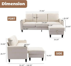 Convertible Sectional Couches for Living Room, L-Shaped Couch 3 Seats Sofas with Storage Chaise & 2 Cup Holders