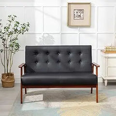 Mid-Century Modern Solid Loveseat Sofa Upholstered Faux Leather Couch 2-Seat Wood Armchair Living Room/Outdoor Lounge C