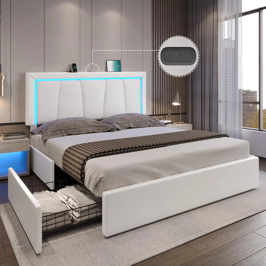 LED Bed Frame with 4 Drawers and USB Ports Upholstered Bed Frame with Storage Faux Leather Storage Bed with RGB LED Headboard