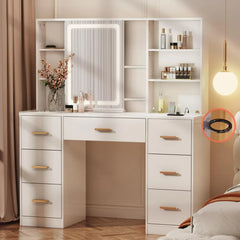 47'' Large Vanity Desk with Mirror and Lights, 7 Drawers, 8 Storage Shelves,  3 LED Lighting Modes, Vanity Dresser with Outlet