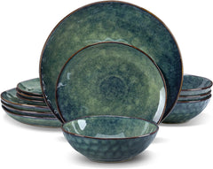 12 Pieces Green Dinnerware Set, Reactive Change Glaze Dinner Set, Plates and Bowls Set