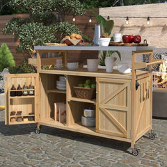 Kitchen Island Rolling Bar Cart & Storage Cabinet, Farmhouse Solid Wood Outdoor Grill Table with Stainless Steel Top, Spice Rack