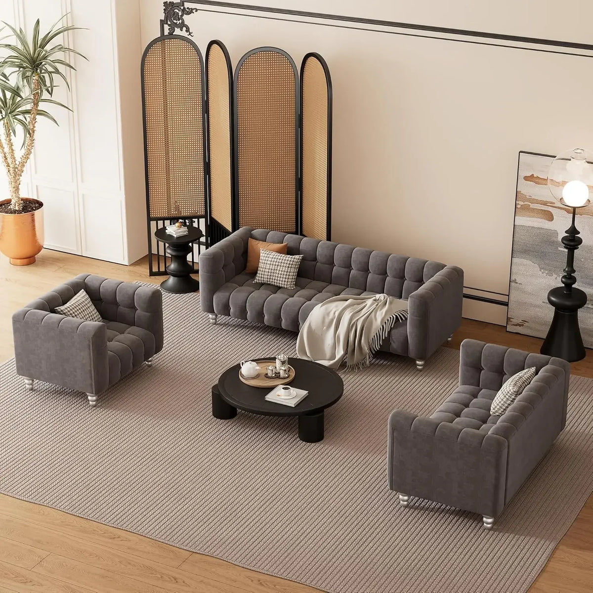 Modern Sofa Sets with Metal Legs, Button Tufted Back, PU Upholstered Couches Sets