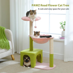 Flower Cat Tree with Large Metal Frame Hammock Cute Cat Tower with Sisal Scratching Posts for Small Indoor Cats with Pink Perch