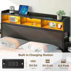 Bed Frame with Bookcase Storage Headboard,Slide Out Bedside Storage, Bed with Charging Station&LED Lights Heavy Duty Metal Slats