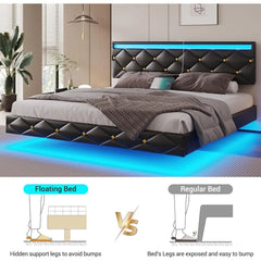 Floating Bed Frame King Size with Led Lights and USB Ports,Faux Leather Platform King Bed Frame with Headboard Easy To Assemble