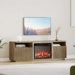 Fluted TV Stand with 23" Electric Fireplace Heater with Sound, 68" Entertainment Center for TV Up to 75", Media Console