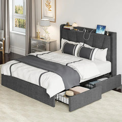 Bed Frame with Upholstered Headboard, Platform Bed with Storage Drawers and Outlets, Sturdy, Noiseless, No Box Spring Needed