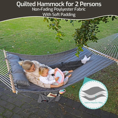 Double Quilted Fabric Hammock with Hardwood Spreader Bars and Pillow