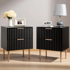 Black Night Stand Set 2, Wide Fluted Nightstand with 2 Drawers, Modern Glossy Storage Bedside Table for Bedroom, End Sid