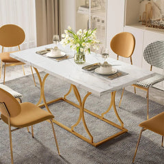 63" Luxury Dining Table Kitchen Dining Room Table White Dinner Desk Rectangle Modern Marble with Gold Metel Frame for 6 People