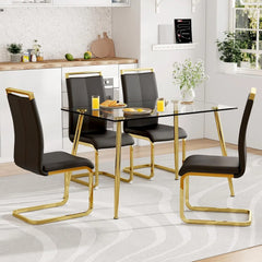 Glass Dining Table Set for 4,5 Piece Dining Table and Chairs Set，Modern Kitchen Dining Room Table with 4 Black PU Leather