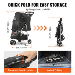 VEVOR 35lbs 3 Wheels Dog Stroller Rotate Black Pet Puppy Stroller with Front Pedal Storage Basket Cup Holder for Dogs Cat Travel