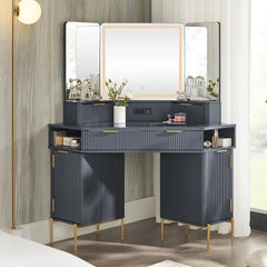 Fluted Makeup Vanity Desk with HD Triple Mirror and Lights,Modern Dressing Table Large Lighted Corner Vanity with Glass Top