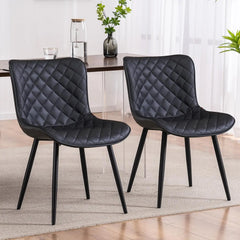 Black Dining Chairs Set of 2 Mid Century Modern PU Leather Diamond Upholstered Accent Guest Dinner Chair with Back Metal Legs fo