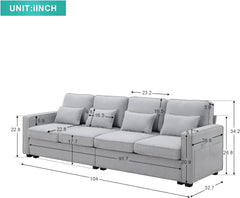 Linen Fabric Sofa with Armrest Pockets and 4 Pillows, Minimalist Style 4-Seater Couch for Living Room, Apartment