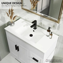 36" Bathroom Vanities Sink Combo Set, Modern Cabinet w/Wave Lines, Undermount Ceramic Sink w/Matte Black Faucet Drain