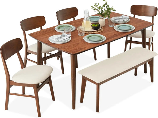 6-Piece Dining Set, Mid-Century Modern Wooden Table & Upholstered Chair Set, w/ 4 Chairs, Bench Seat, Rubberwood Legs