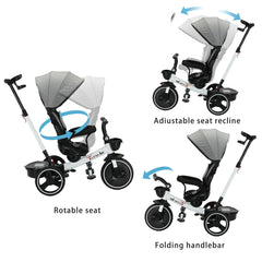 Baby Tricycle, 6-in-1 Baby Push Bike Steer Stroller, Detachable Guardrail, Adjustable Canopy, Safety Harness, Folding Pedal