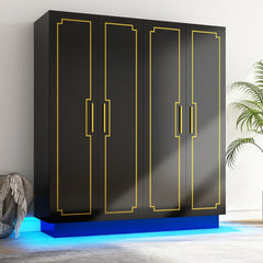 Modern 70in 4 Doors Armoires Wardrobe Closet with Hanging Rod, Freestanding Bedroom Armoires with RGB Lights, Black