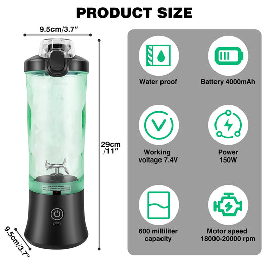 600ml Portable Mini Blender,USB Rechargeable Small Smoothie Blender,Large Capacity Travel Blender Portable Smoothies,Blends Ice