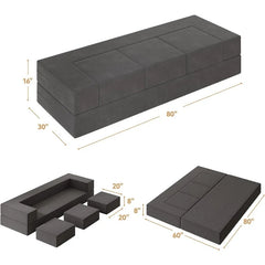 80'' Folding Bed Couch, Foam Floor Sofa with 3Ottomans& Washable Velvet Cover,Modular Sectional Sofa Futon Sleeper Convertible