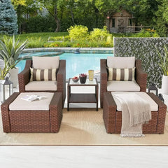 Piece Patio Conversation Set Outdoor Furniture Set, Brown Wicker Lounge Chair with Ottoman Footrest, W/Coffee Table & Cushions