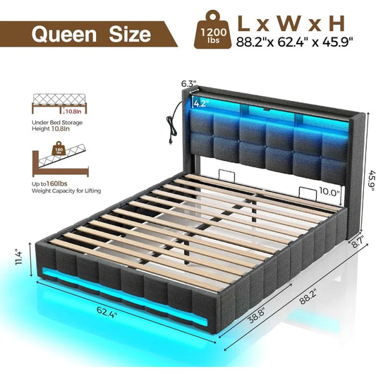 Bed Frame Queen Size with Lift Up Storage, Charging Station & LED Lights, Upholstered Storage Headboard, No Box Spring Needed,