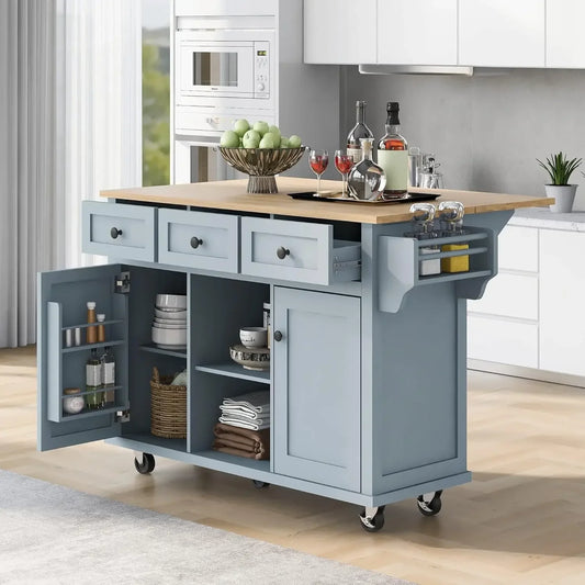 Kitchen Cart with Rubber Wood Drop-Leaf Countertop,Kitchen Island with Storage Cabinet and 3 Drawers,Internal Storage Cabinet