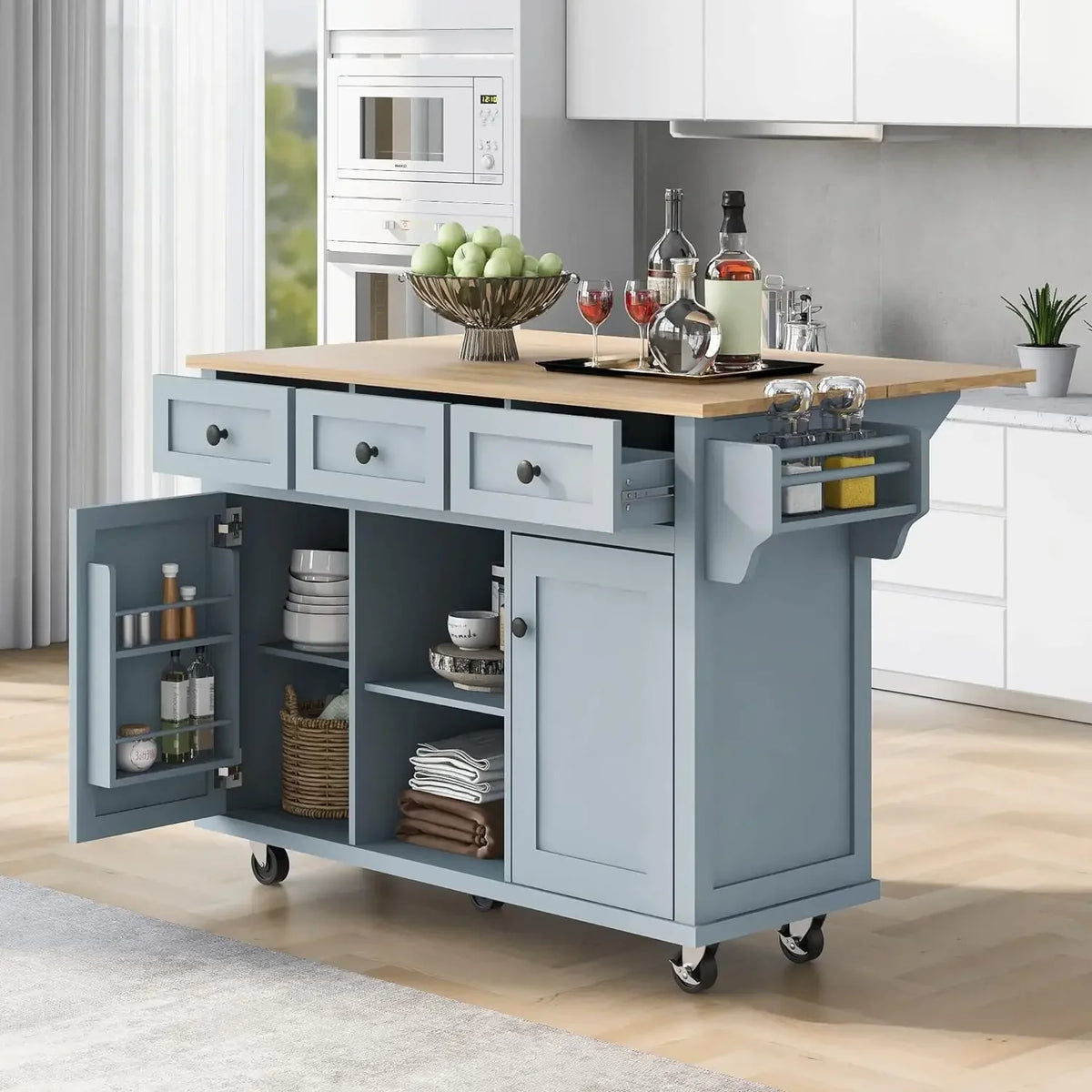 Kitchen Island with Drop-Leaf Countertop, Internal Storage Cabinet Racks, Rolling Kitchen Cart on 5 Wheels with Open Shelves