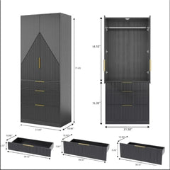 71" Wardrobe Armoire Wooden Closet, Bedroom Armoire with Hanging Rod Shelf, Combination for Hanging Clothes, Wardrobe Armoire