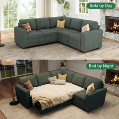 Modular Sectional Sleeper Sofa Bed, Corduroy Pull Out Couch with Storage Ottoman, U Shaped Sectional Couches for Living Room