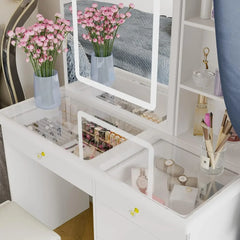 Homsee Vanity Desk Set Makeup Table with Large Sliding Lighted Mirror & Glass Top, Modern Dressing Table with Drawers,