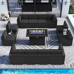 15 Piece Patio Furniture Set with Fire Pit Table, Outdoor Conversation Sets Wicker Rattan Sectional Sofa with Coffee Table