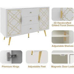 48" Sideboard Buffet Cabinet with Storage, White & Gold Floral Accent Storage Cabinet with 4 Doors, Credenza for Living Room