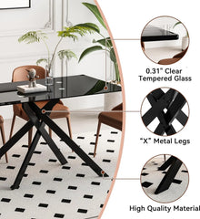 Glass Dining Table Modern Kitchen Glass Top Tables for 4 with Chrome Plated Metal Legs,51"Rectangular Dining Table Kitchen Table