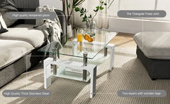 Living Room Rectangle Coffee Table, Tea Table Suitable for Waiting Room, Modern Side Coffee Table with Wooden Leg, Glass