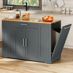 53 Inch Large Rolling Kitchen Island with Trash Can Storage Cabinet, Portable Mobile Islands Table Long Floating Movable