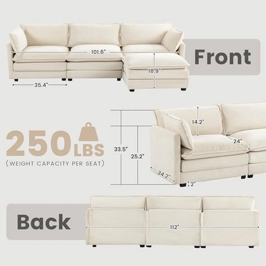 Oversized Modular Sectional Sofa with Movable Ottoman, 112 Inch 4 Seat Modern Corduroy Sofa Set, Convertible L Shaped Couch