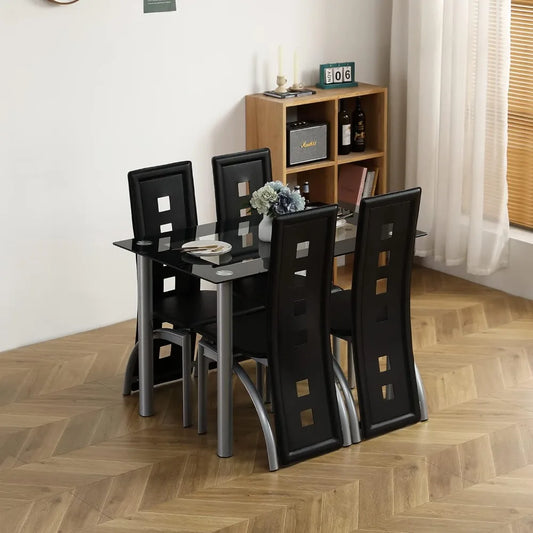 5-Piece Dining Table Set with 1 Glass Dining Table and 4 PVC Chairs,Modern Dining Table Set for Kitchen & Breakfast Living Room