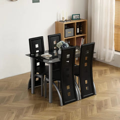 5-Piece Dining Table Set with 1 Glass Dining Table and 4 PVC Chairs,Modern Dining Table Set for Kitchen & Breakfast Living Room