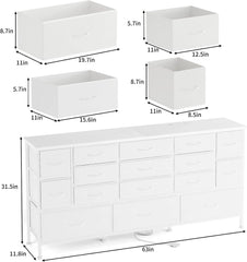 63.3”W TV Stand Dresser, 70''TV Stand with Power Outlets, Long Dresser with 16 Large Drawers, Fabric Chest of Drawers for Living