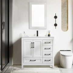 36" Bathroom Vanities Cabinet with Sink Combo Set Undermount Ceramic Sink w/Thickened Wood Painted Surface White