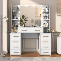 Glass Top Vanity Desk with Mirror & Lights, Large Vanity Makeup Mirror Desk with Charging Station & Compartment Storage Drawers,